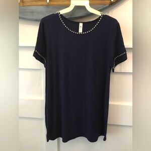Vanilla Bay Navy Blue Short-Sleeve Knit Top with Contrast Stitching